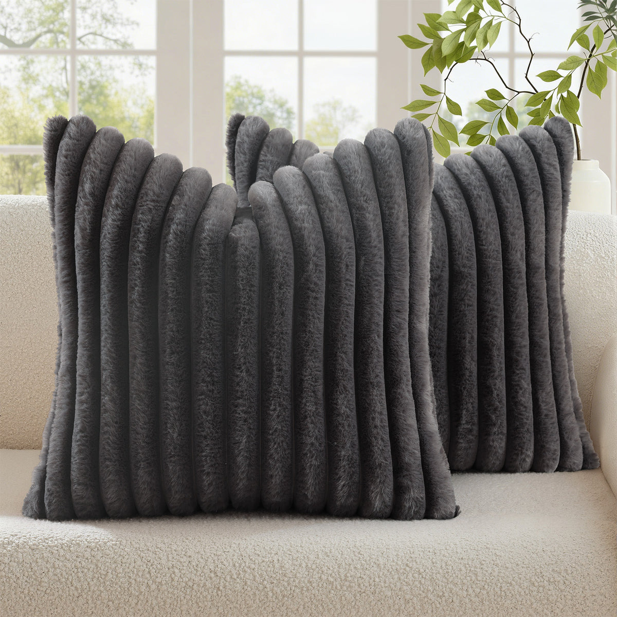 Smile Bee Faux Fur Plush Decorative Throw Pillow Covers Set of 2
