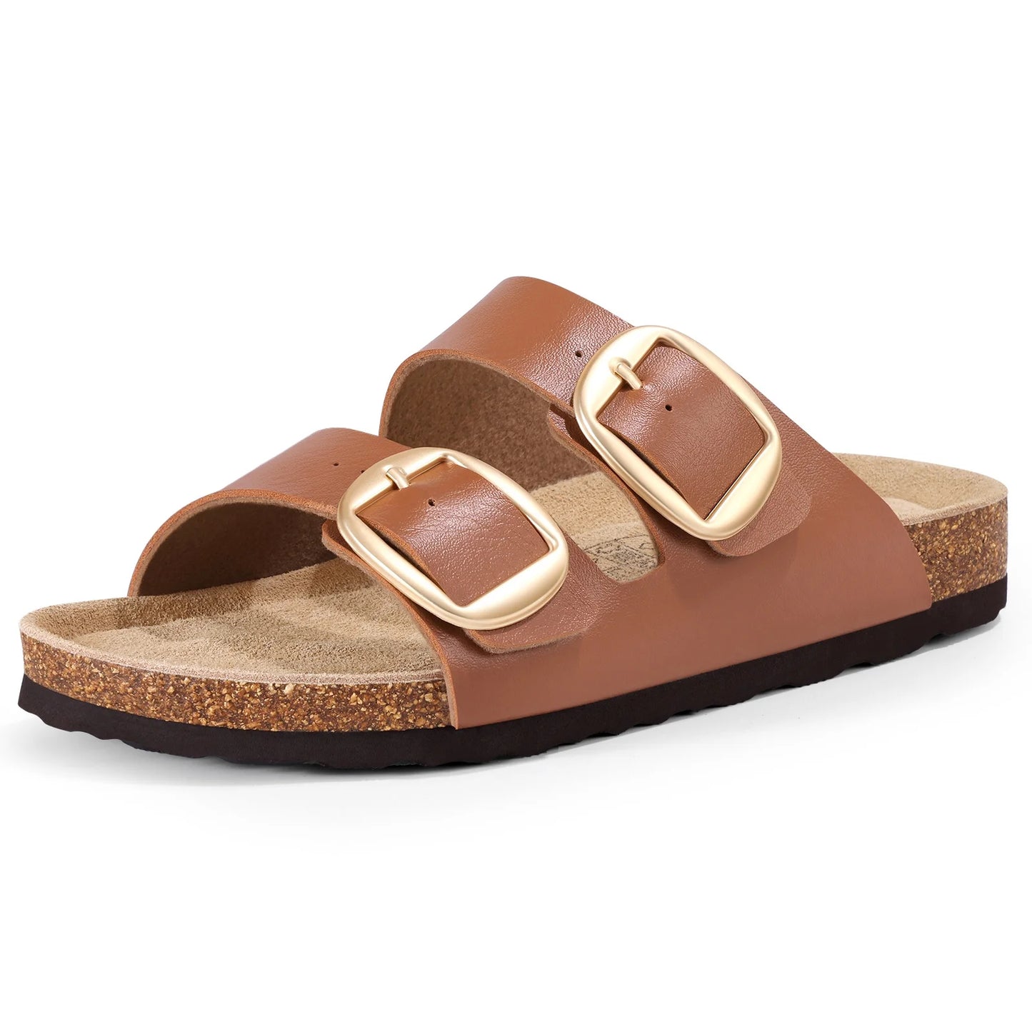 Litfun Unisex Cork Footbed Slide Sandals with Adjustable Buckles Summer Leather Flat Sandals for Women, Brown