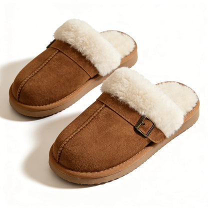 Litfun Women's Fuzzy Memory Foam Slippers Warm Comfy Winter House Shoes, Buckle Chestnut, Size 6