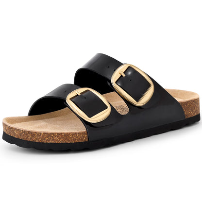 Smile Popcorn Womens Sandals Cork Footbed Slide, Comfortable Arch Support Sandal Slippers with Double Big Buckle for Summer, Chestnut Brown