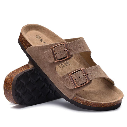 Smile Popcorn Women's Cork Footbed Sandals, Comfortable Arch Support Slip-On Slide Sandals for Summer with Adjustable Buckle, Mocha