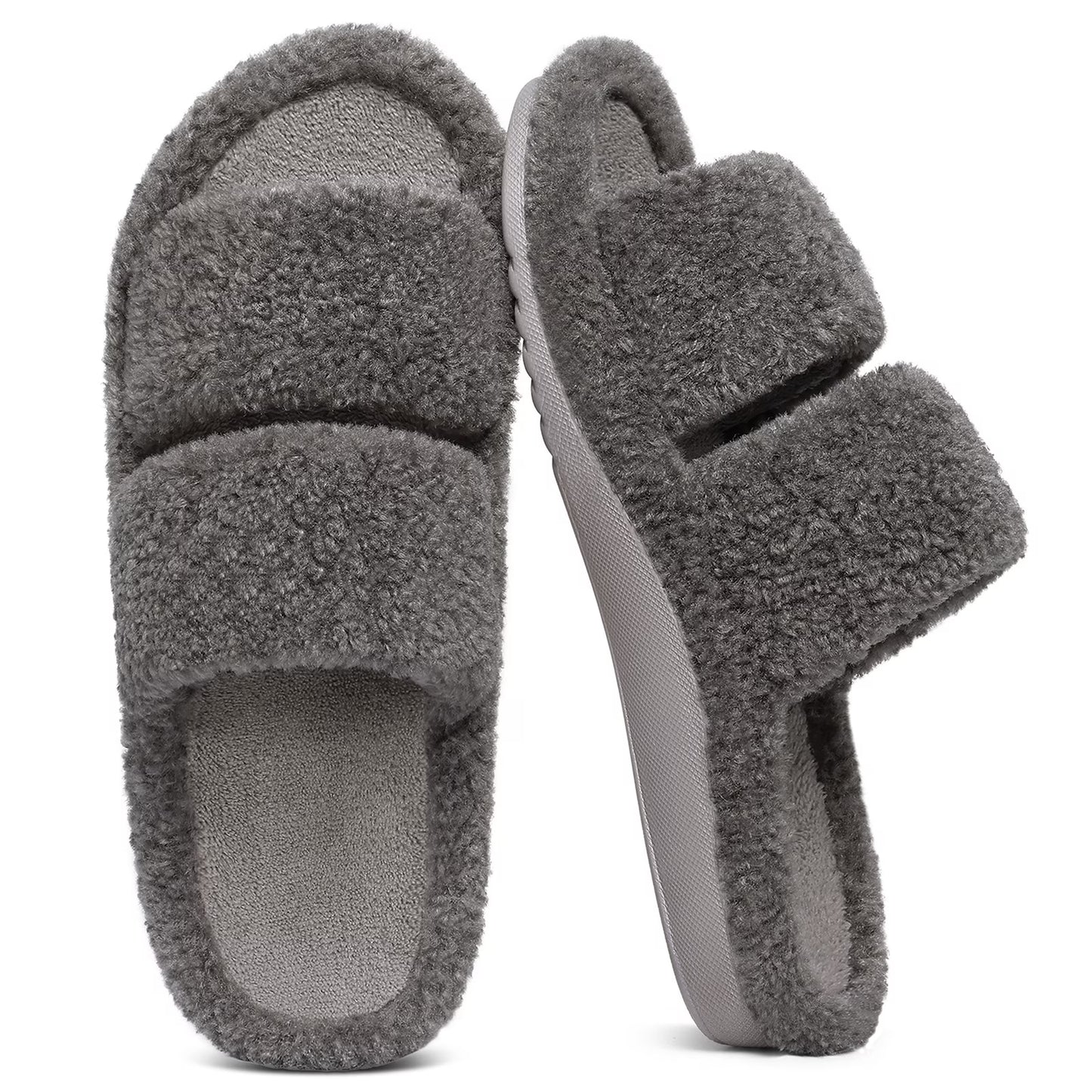 Litfun Fuzzy Slippers for Women with Arch Support Open Toe House Slippers Cozy Double Straps Bedroom Shoes