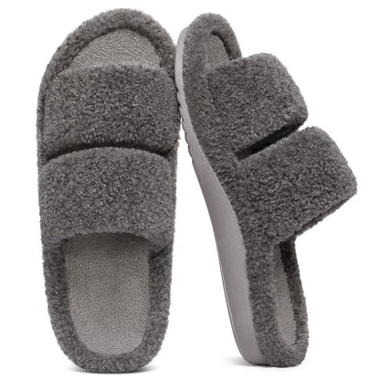 Litfun Fuzzy Slippers for Women with Arch Support Open Toe House Slippers Cozy Double Straps Bedroom Shoes