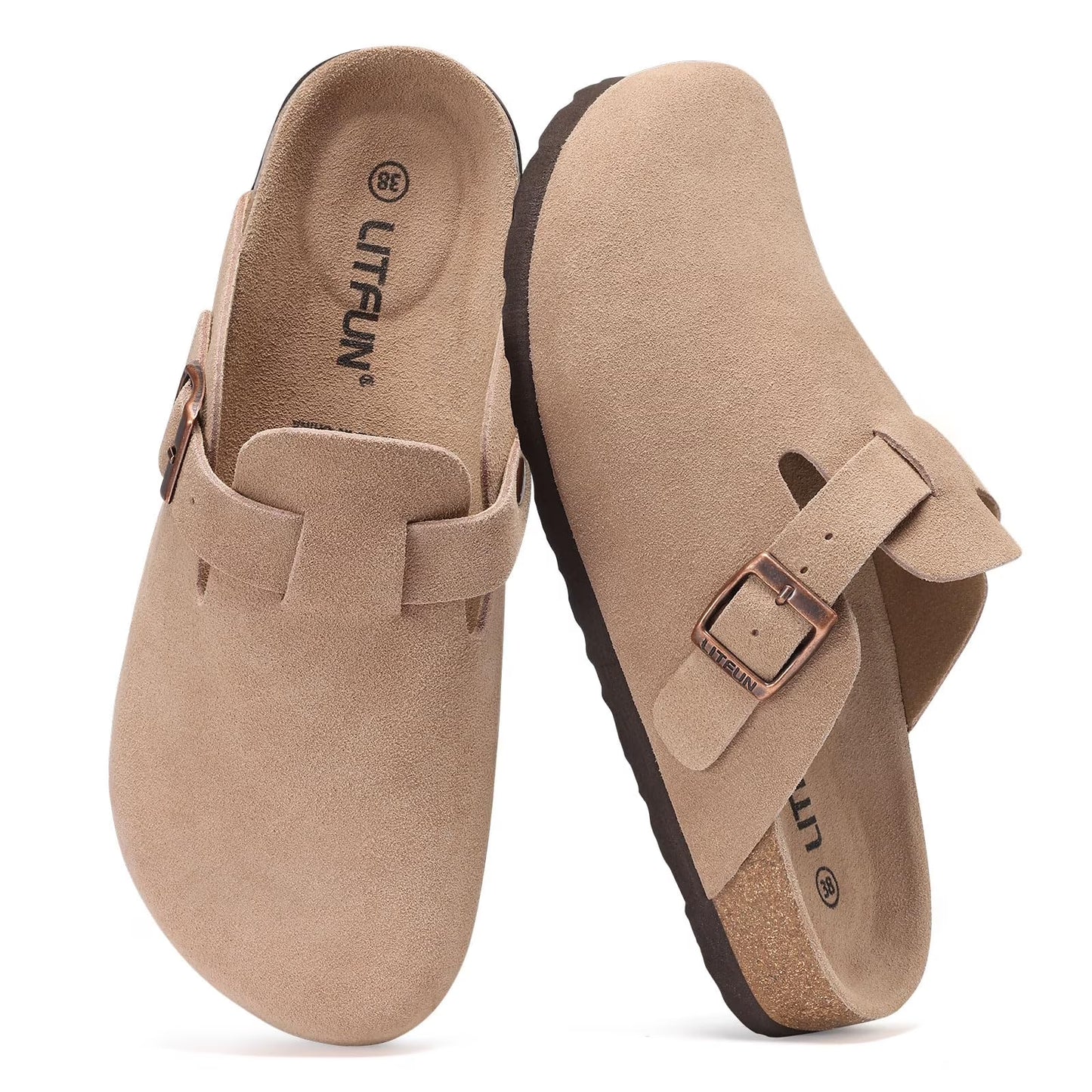Litfun Suede Clogs for Women Cork Footbed Leather Sandals Arch Support Potato Shoes with Adjustable Buckle