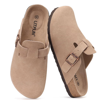 Litfun Suede Clogs for Women Cork Footbed Leather Sandals Arch Support Potato Shoes with Adjustable Buckle