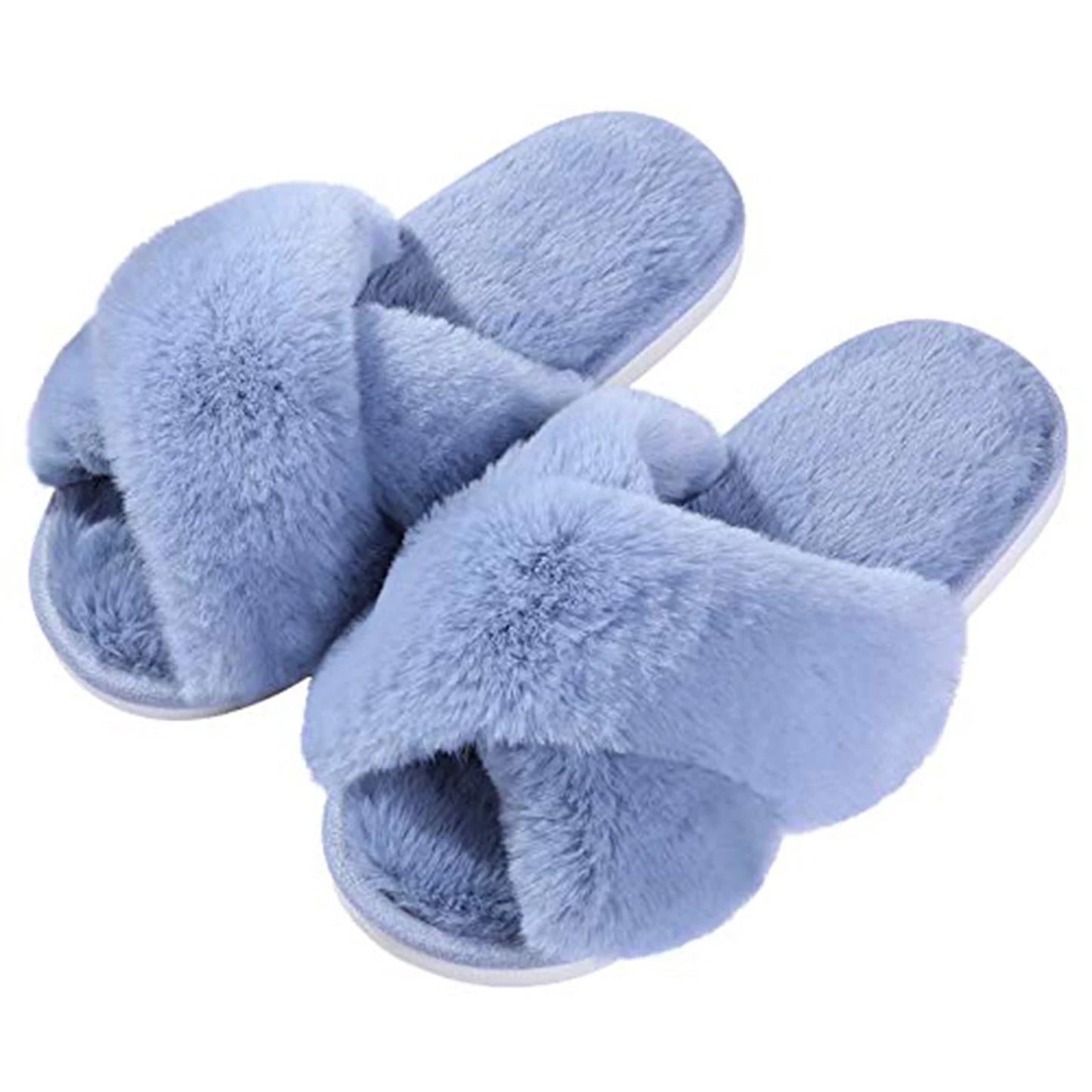 Litfun Women's Fuzzy Slippers Open Toe Cross Band Slippers Memory Foam House Slippers
