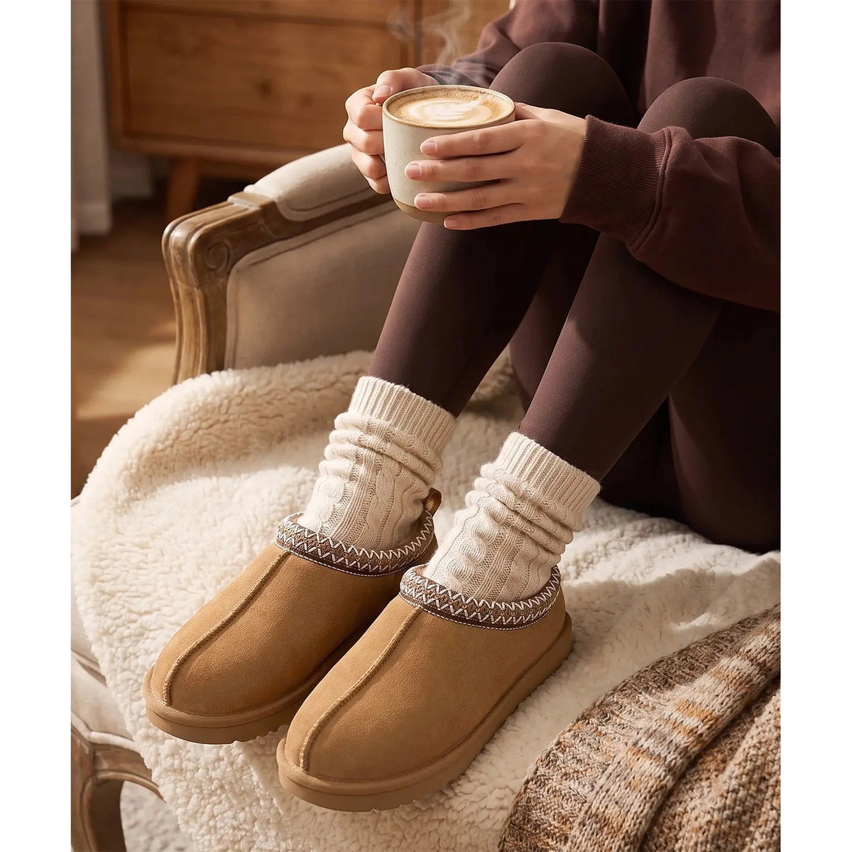Smile Popcorn Genuine Suede Fuzzy Slippers for Women Warm House Slippers