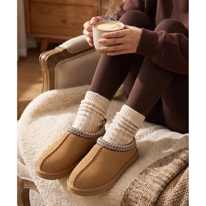 Smile Popcorn Genuine Suede Fuzzy Slippers for Women Warm House Slippers