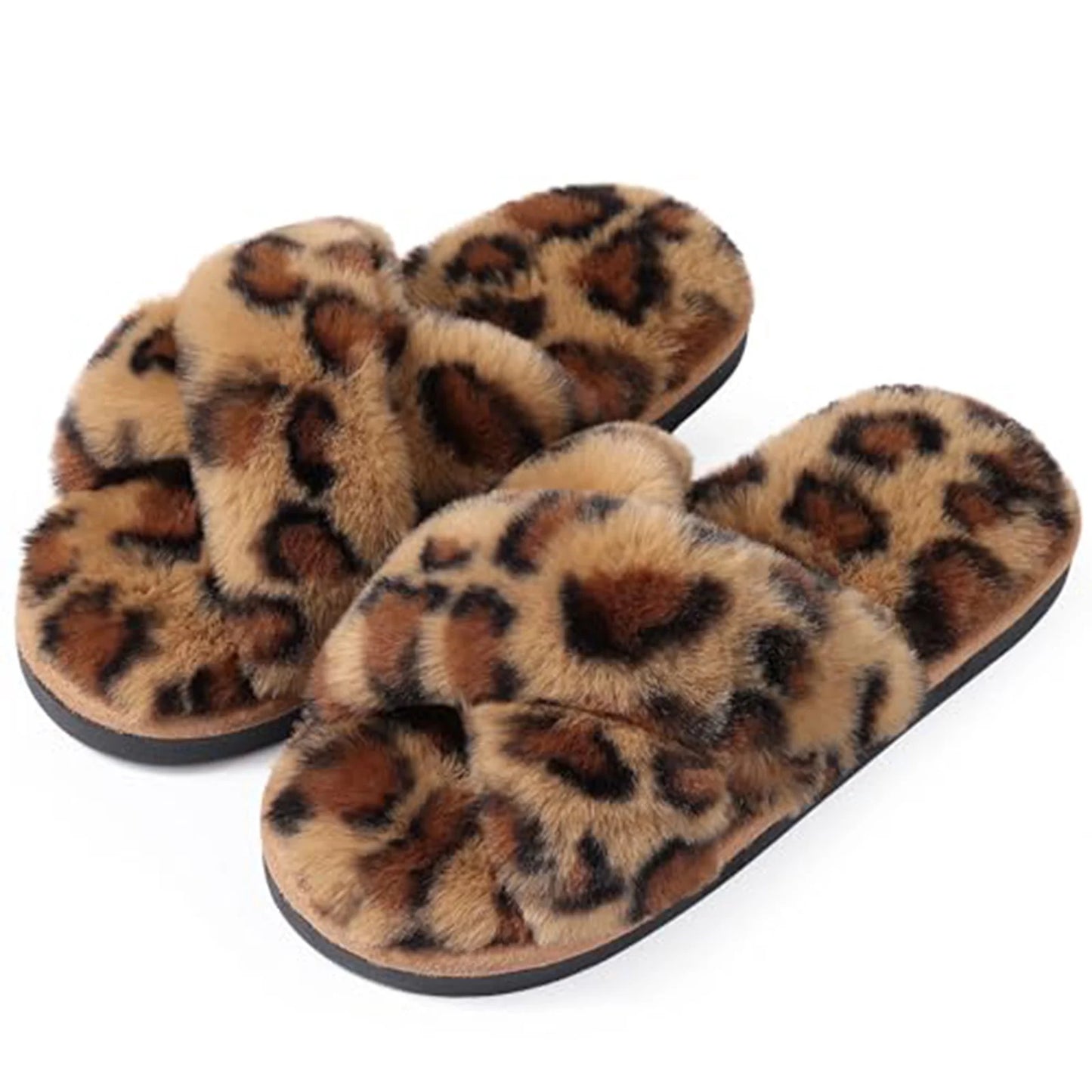 Litfun Women's Fuzzy Slippers Open Toe Cross Band Slippers Memory Foam House Slippers