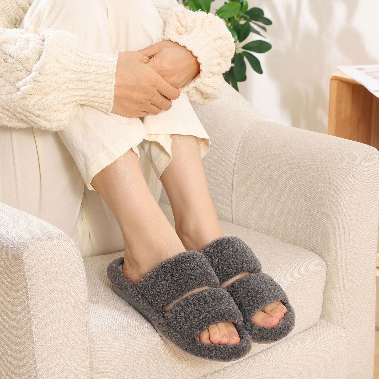 Litfun Fuzzy Slippers for Women with Arch Support Open Toe House Slippers Cozy Double Straps Bedroom Shoes
