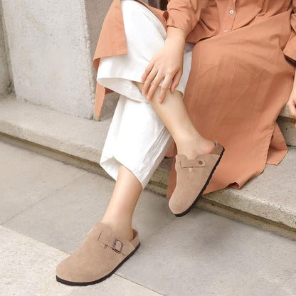 Litfun Suede Clogs for Women Cork Footbed Leather Sandals Arch Support Potato Shoes with Adjustable Buckle