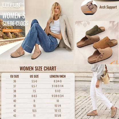 Litfun Suede Clogs for Women Cork Footbed Leather Sandals Arch Support Potato Shoes with Adjustable Buckle