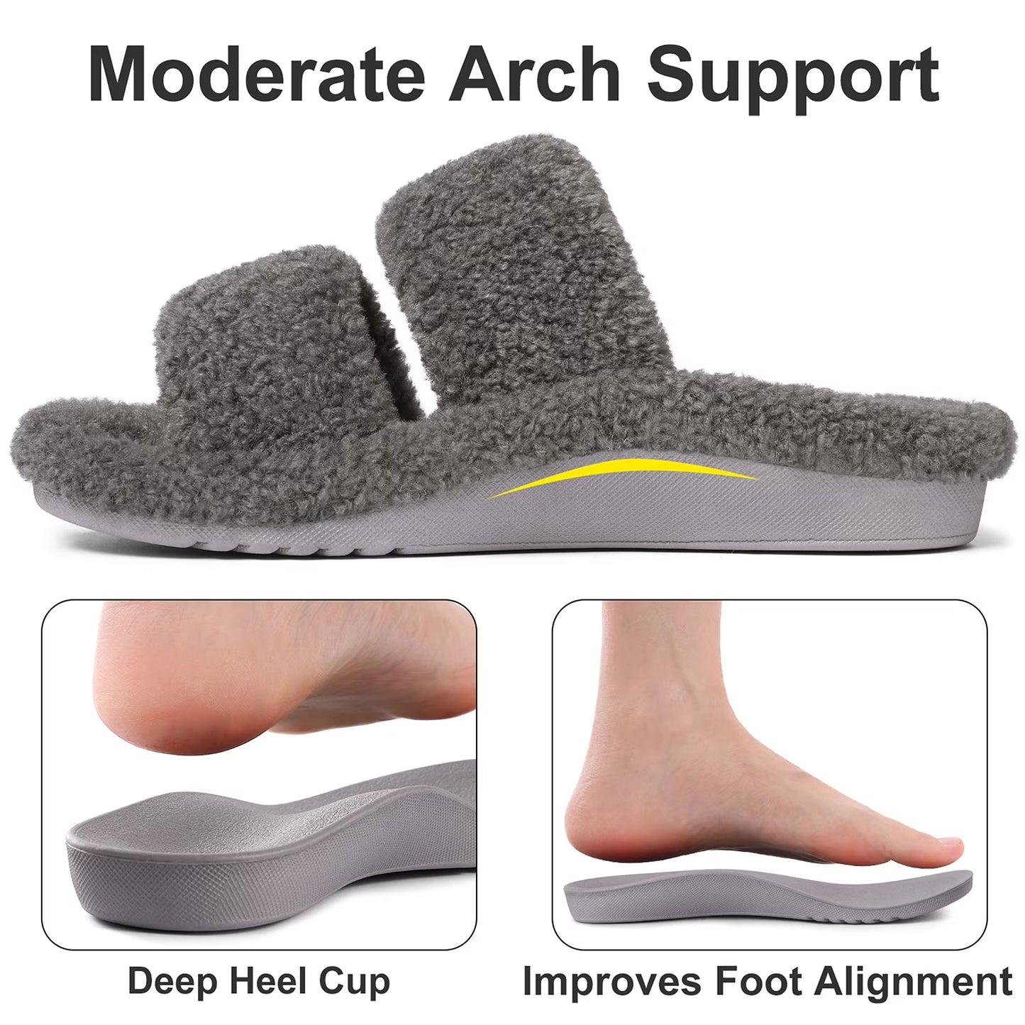 Litfun Fuzzy Slippers for Women with Arch Support Open Toe House Slippers Cozy Double Straps Bedroom Shoes