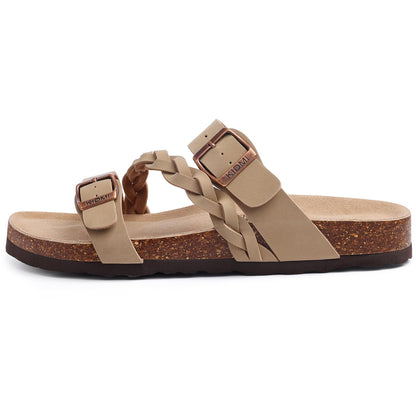Smile Popcorn Unisex Cork Footbed Slide Sandals, Adjustable Buckle Sandal Slippers for Women with Arch Support, Apricot