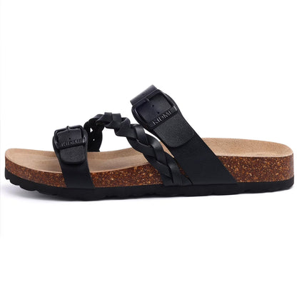 Smile Popcorn Unisex Cork Footbed Slide Sandals, Adjustable Buckle Sandal Slippers for Women with Arch Support, Apricot