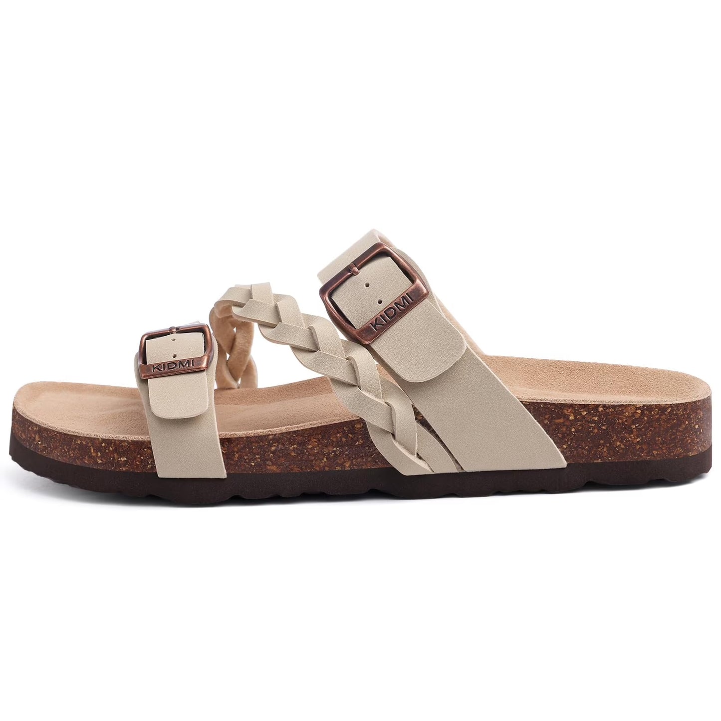 Smile Popcorn Unisex Cork Footbed Slide Sandals, Adjustable Buckle Sandal Slippers for Women with Arch Support, Apricot