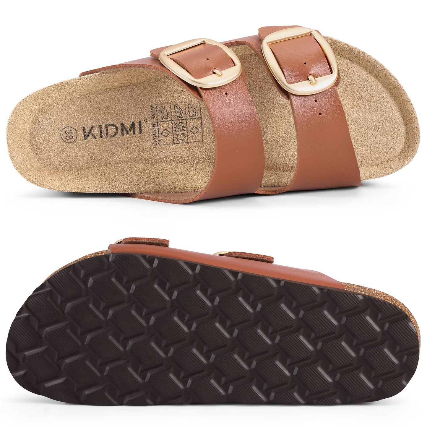 Smile Popcorn Womens Sandals Cork Footbed Slide, Comfortable Arch Support Sandal Slippers with Double Big Buckle for Summer, Chestnut Brown