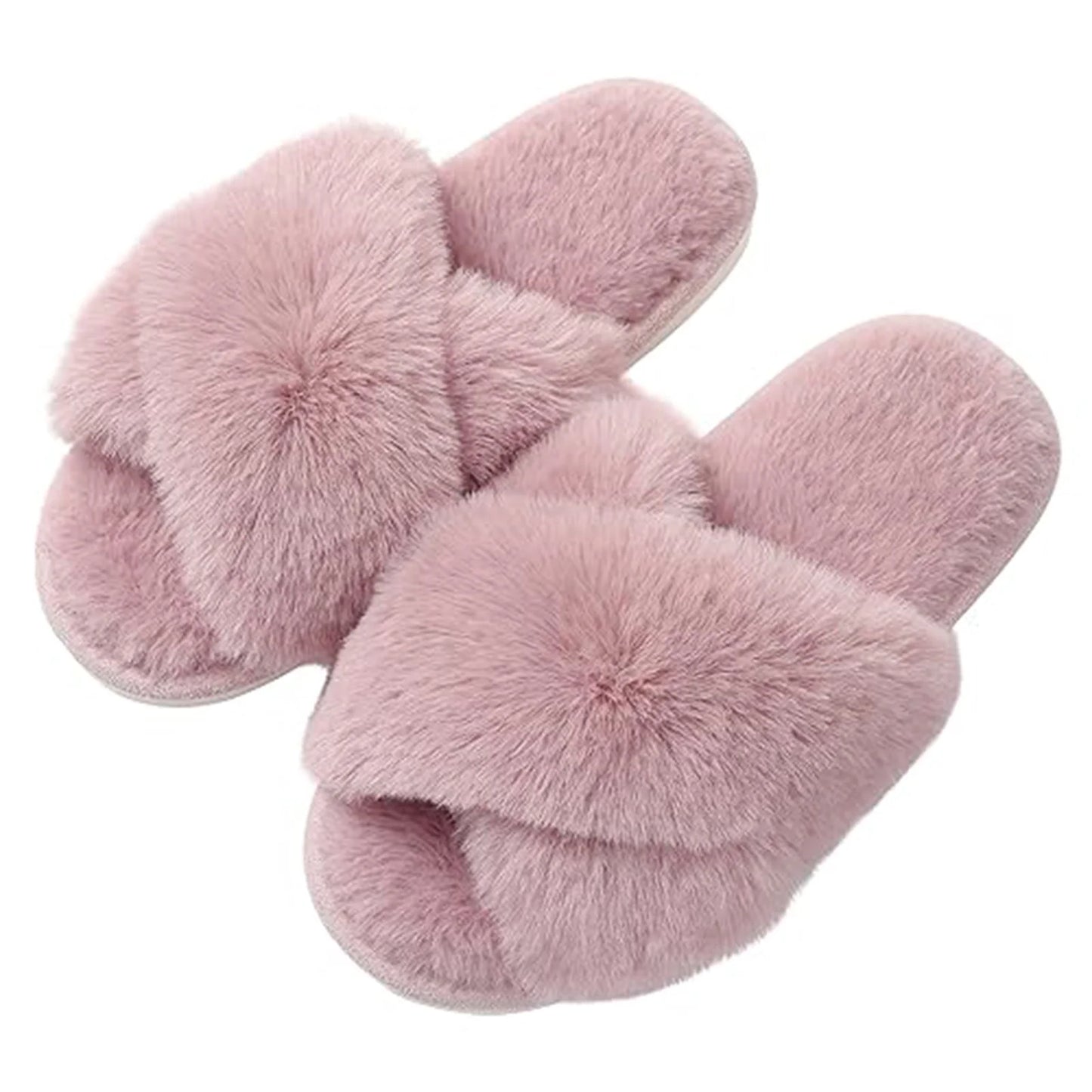 Litfun Women's Fuzzy Slippers Open Toe Cross Band Slippers Memory Foam House Slippers