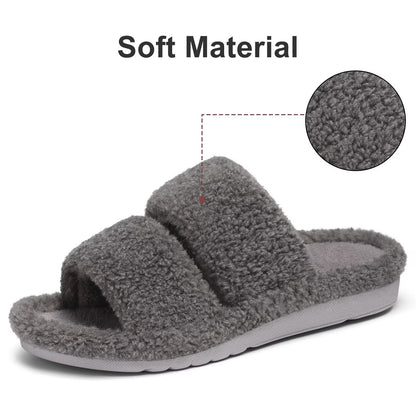 Litfun Fuzzy Slippers for Women with Arch Support Open Toe House Slippers Cozy Double Straps Bedroom Shoes