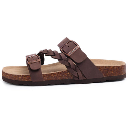 Smile Popcorn Unisex Cork Footbed Slide Sandals, Adjustable Buckle Sandal Slippers for Women with Arch Support, Apricot