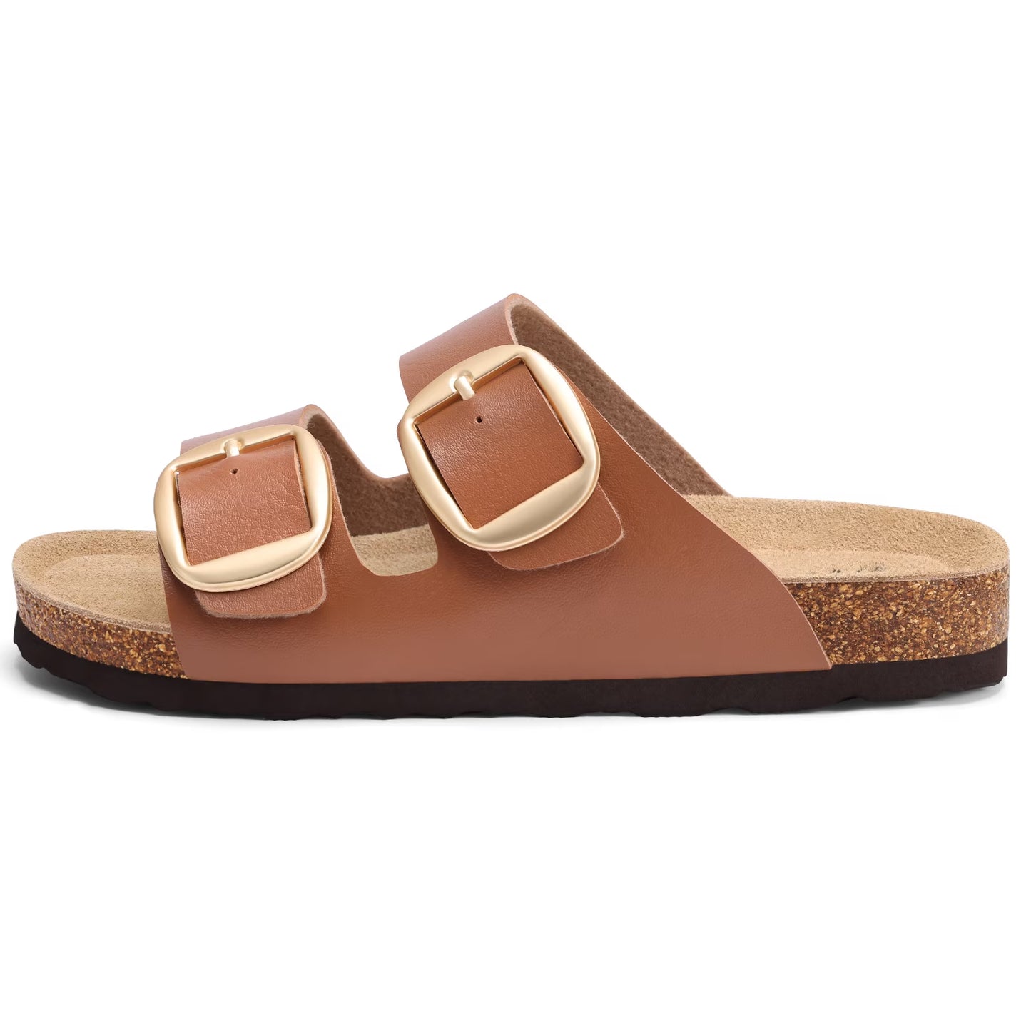 Smile Popcorn Womens Sandals Cork Footbed Slide, Comfortable Arch Support Sandal Slippers with Double Big Buckle for Summer, Chestnut Brown