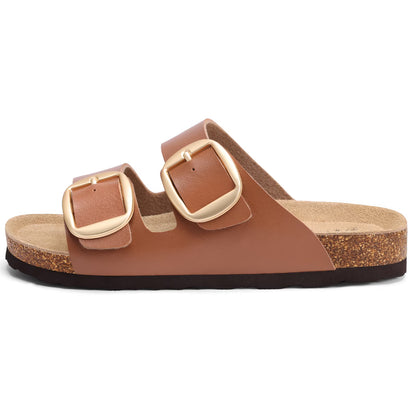 Smile Popcorn Womens Sandals Cork Footbed Slide, Comfortable Arch Support Sandal Slippers with Double Big Buckle for Summer, Chestnut Brown