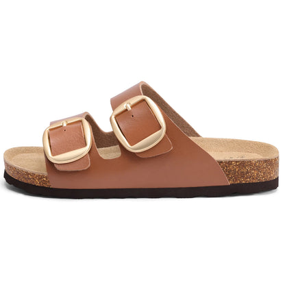 Litfun Unisex Cork Footbed Slide Sandals with Adjustable Buckles Summer Leather Flat Sandals for Women, Brown