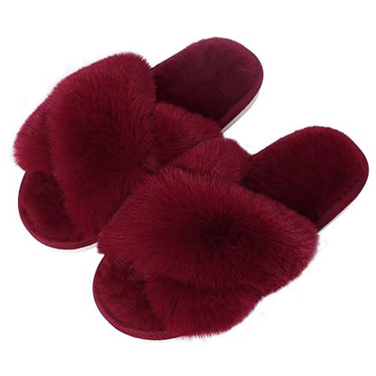 Litfun Women's Fuzzy Slippers Open Toe Cross Band Slippers Memory Foam House Slippers