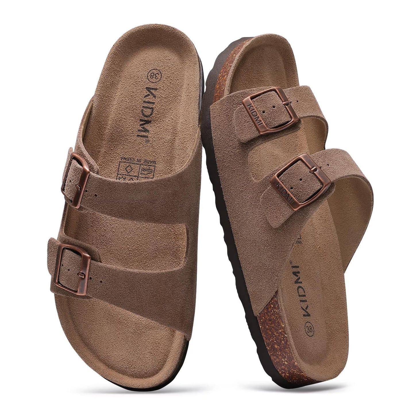Smile Popcorn Women's Cork Footbed Sandals, Comfortable Arch Support Slip-On Slide Sandals for Summer with Adjustable Buckle, Mocha