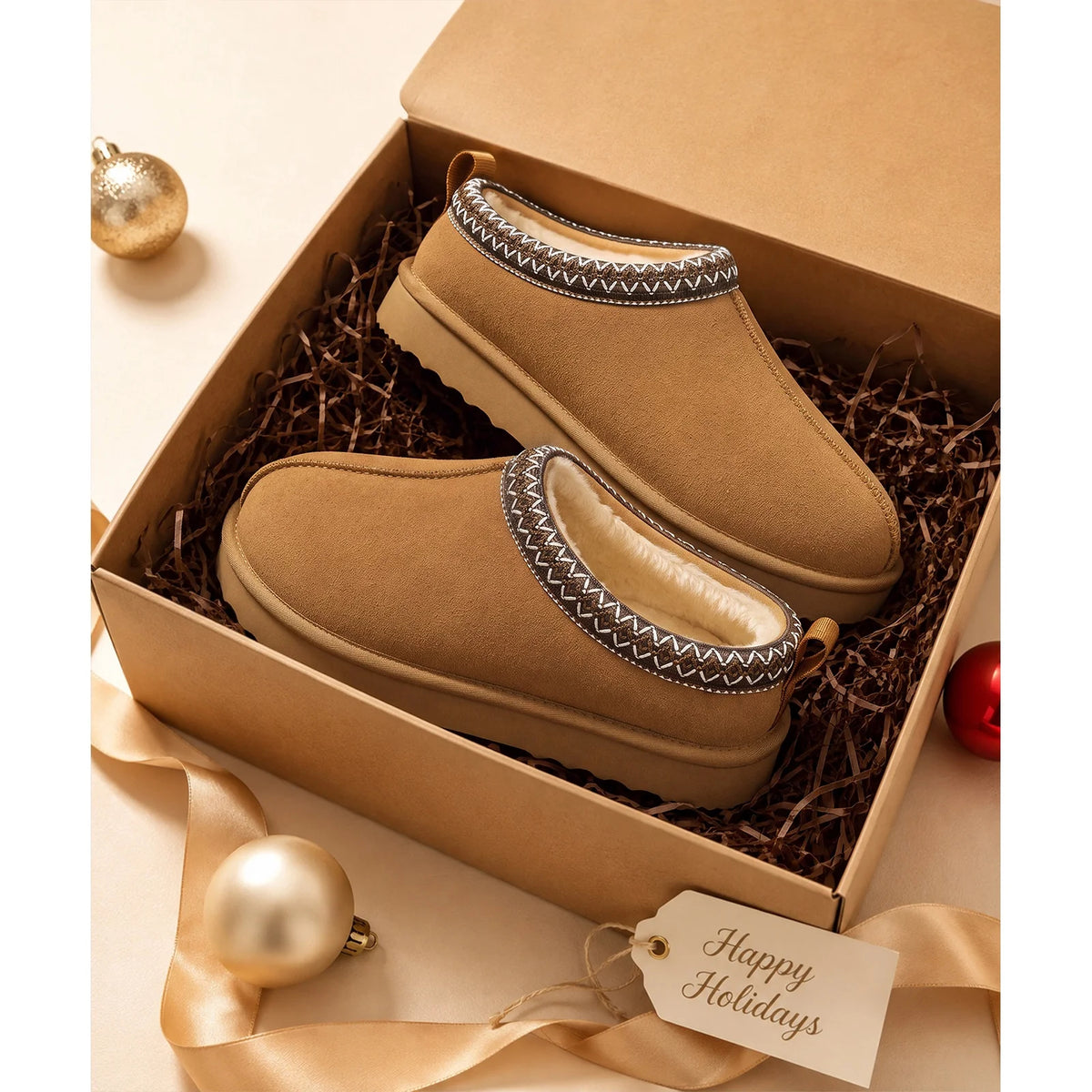 Smile Popcorn Genuine Suede Fuzzy Slippers for Women Warm House Slippers