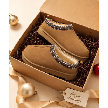 Smile Popcorn Genuine Suede Fuzzy Slippers for Women Warm House Slippers