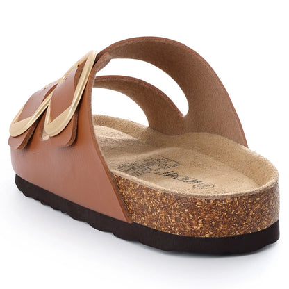 Litfun Unisex Cork Footbed Slide Sandals with Adjustable Buckles Summer Leather Flat Sandals for Women, Brown