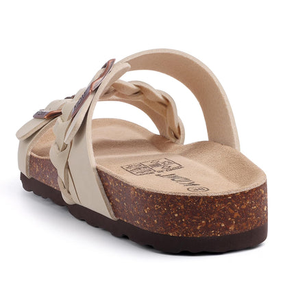 Smile Popcorn Unisex Cork Footbed Slide Sandals, Adjustable Buckle Sandal Slippers for Women with Arch Support, Apricot