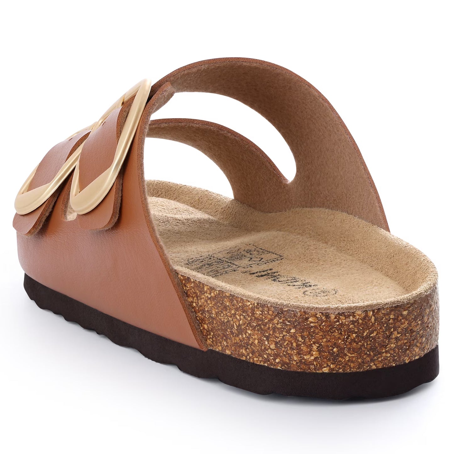 Smile Popcorn Womens Sandals Cork Footbed Slide, Comfortable Arch Support Sandal Slippers with Double Big Buckle for Summer, Chestnut Brown