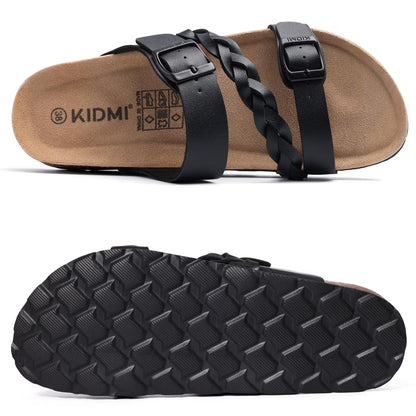 Smile Popcorn Unisex Cork Footbed Slide Sandals, Adjustable Buckle Sandal Slippers for Women with Arch Support, Apricot