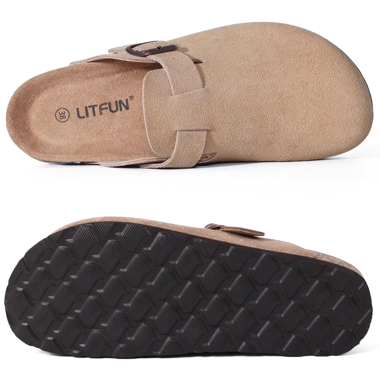 Litfun Suede Clogs for Women Cork Footbed Leather Sandals Arch Support Potato Shoes with Adjustable Buckle