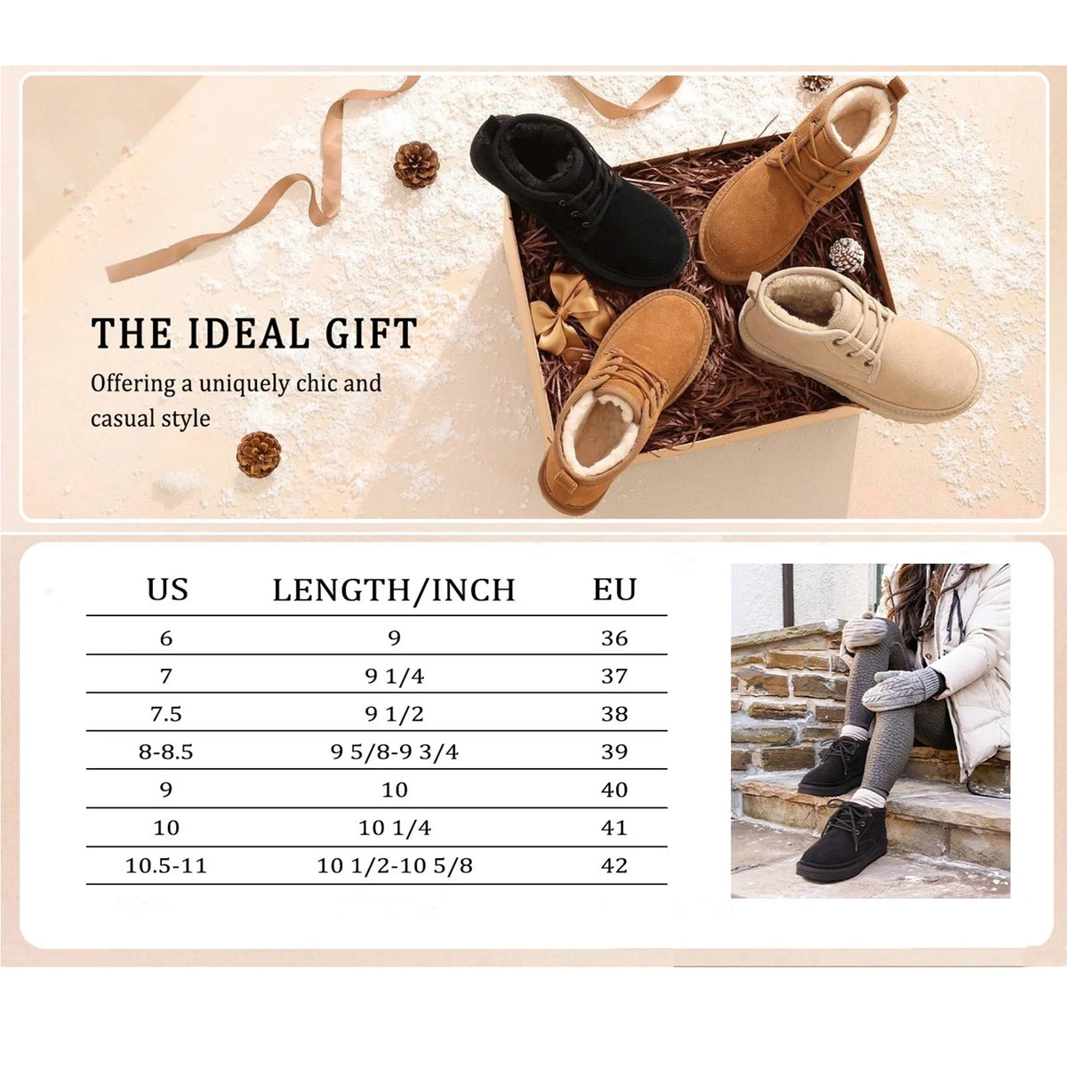 Smile Popcorn Snow Boots for Women Winter Suede Boots Fur Lined Ankle Boots Warm Lace Up Booties