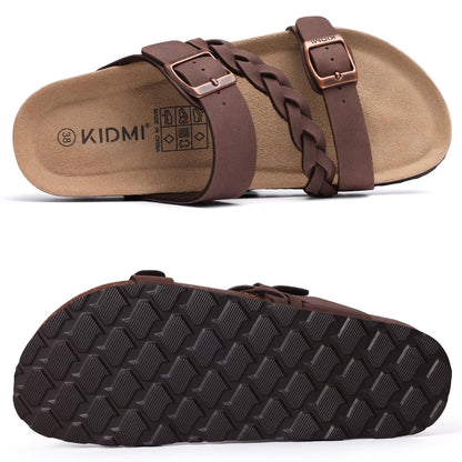 Smile Popcorn Unisex Cork Footbed Slide Sandals, Adjustable Buckle Sandal Slippers for Women with Arch Support, Apricot