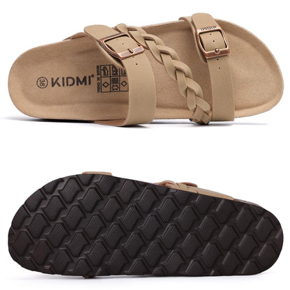 Smile Popcorn Unisex Cork Footbed Slide Sandals, Adjustable Buckle Sandal Slippers for Women with Arch Support, Apricot