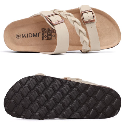 Smile Popcorn Unisex Cork Footbed Slide Sandals, Adjustable Buckle Sandal Slippers for Women with Arch Support, Apricot