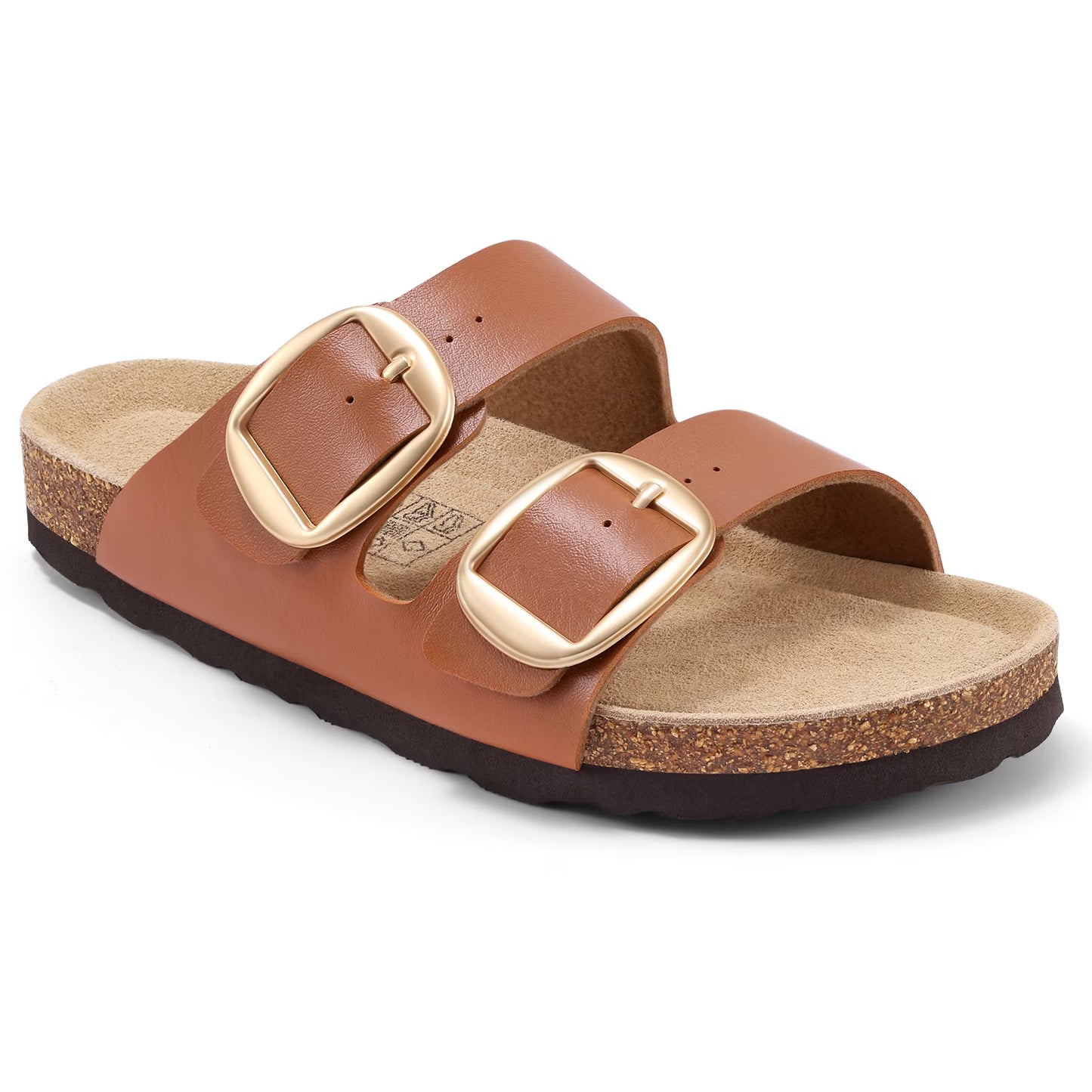 Smile Popcorn Womens Sandals Cork Footbed Slide, Comfortable Arch Support Sandal Slippers with Double Big Buckle for Summer, Chestnut Brown