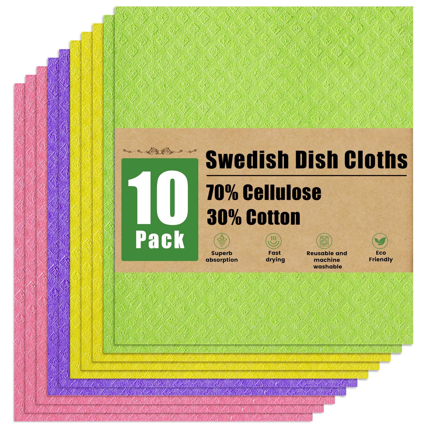 decorUhome Swedish Dishcloths for Kitchen 10 Pack Washable Dish Cloths Reusable Absorbent Cellulose Sponge Cloths, Assorted
