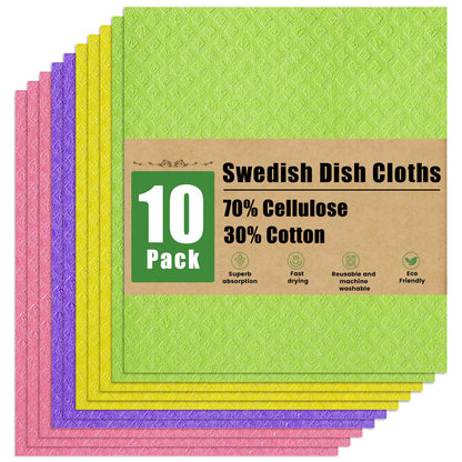 decorUhome Swedish Dishcloths for Kitchen 10 Pack Washable Dish Cloths Reusable Absorbent Cellulose Sponge Cloths, Assorted