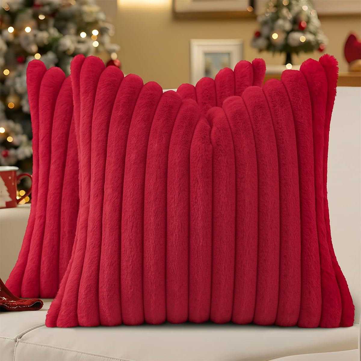 Smile Bee Faux Fur Plush Decorative Throw Pillow Covers Set of 2
