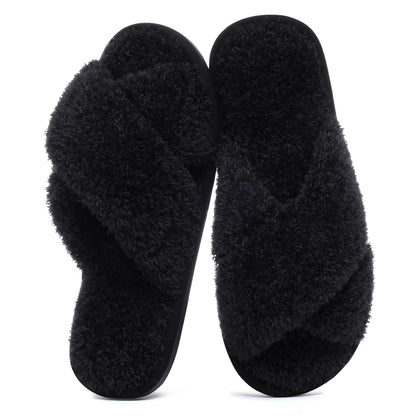 Comwarm Fuzzy Slide Slippers for Women, Cross Band Memory Foam Open Toe House Shoes, Black