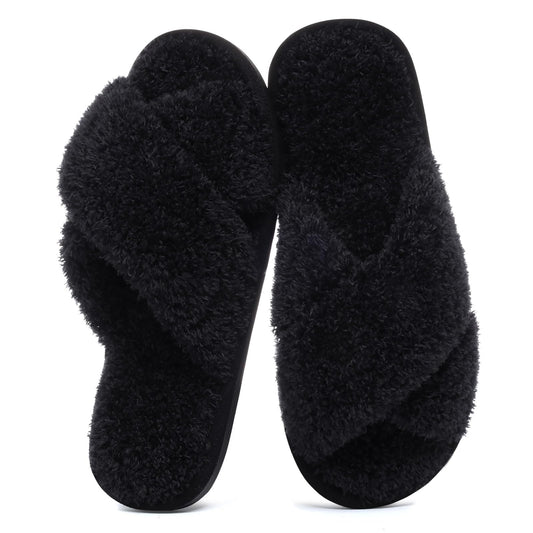 Comwarm Fuzzy Slide Slippers for Women, Cross Band Memory Foam Open Toe House Shoes, Black