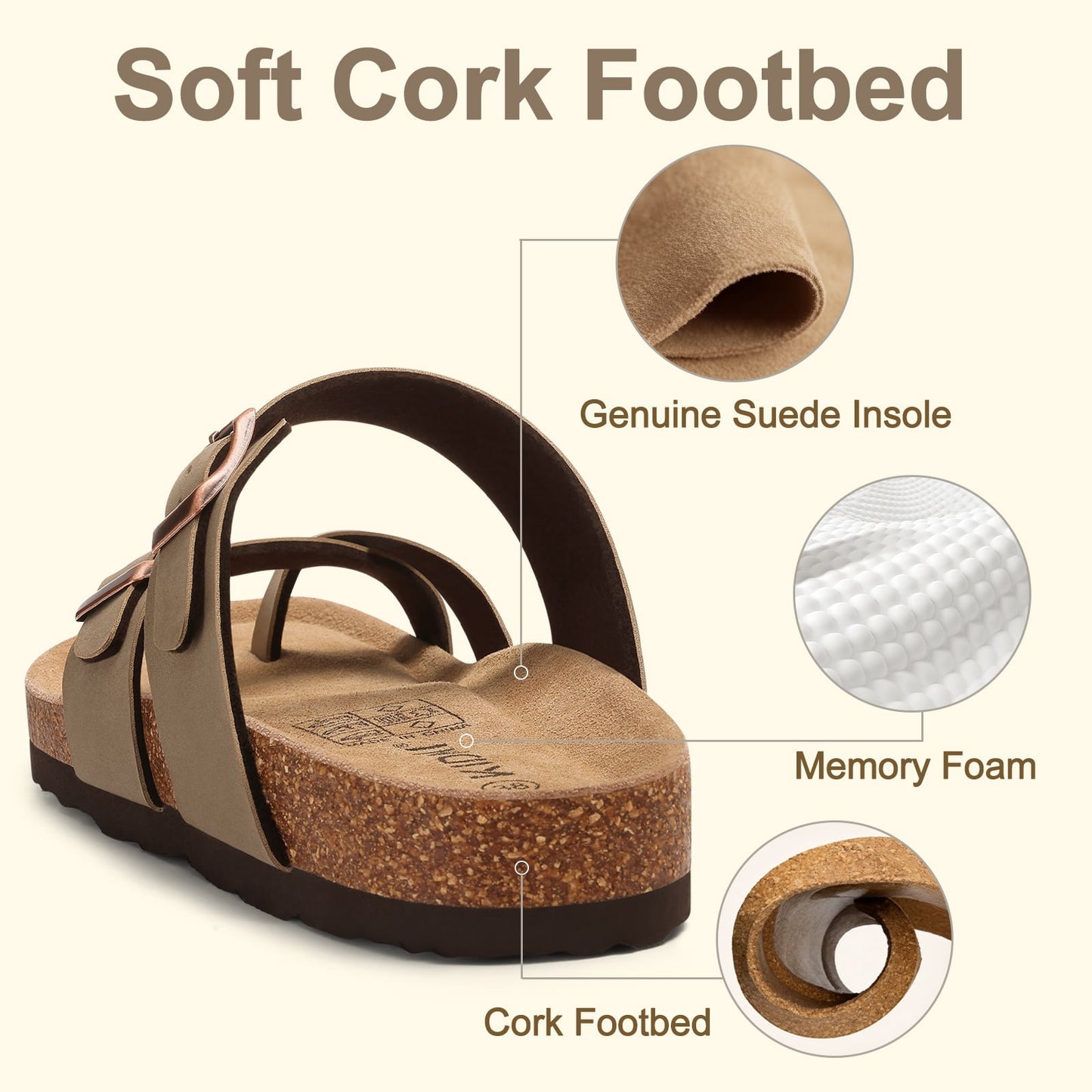 Litfun Suede Cork Footbed Sandals for Women Summer Arch Support Slide Sandals with Adjustable Buckles