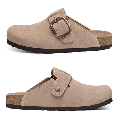Comwarm Genuine Suede Clogs for Women, Memory Foam Cork Footbed Potato Slip on Leather Shoes