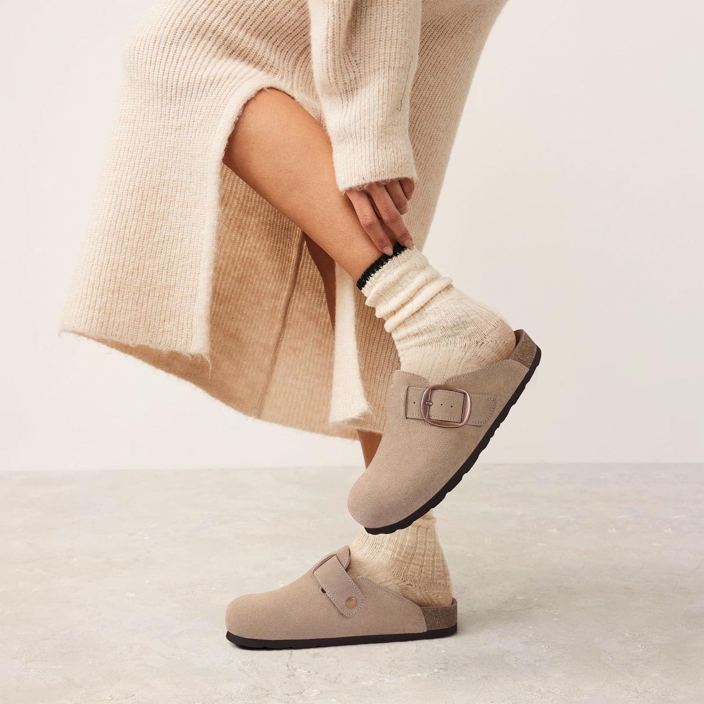 Comwarm Genuine Suede Clogs for Women, Memory Foam Cork Footbed Potato Slip on Leather Shoes