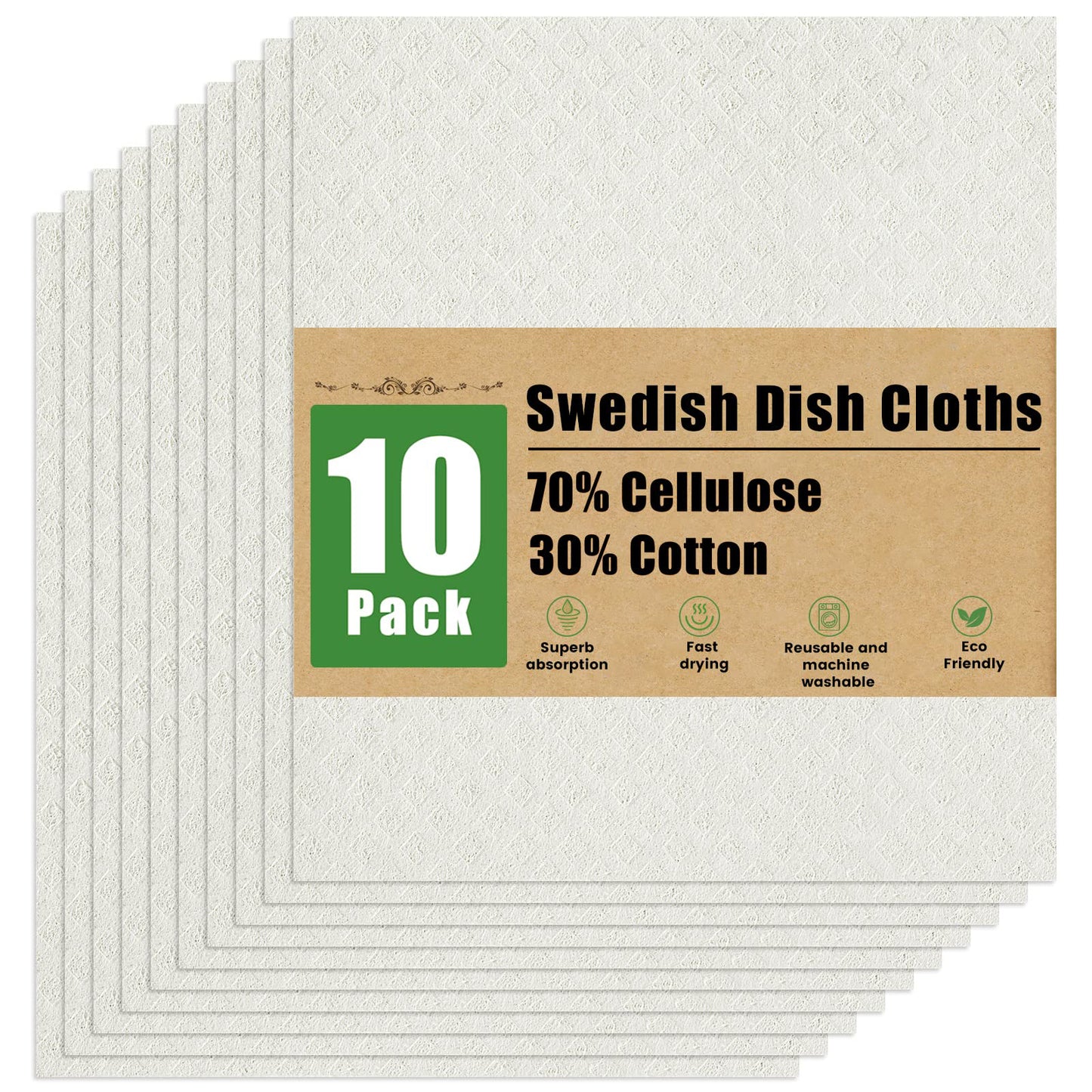 decorUhome Swedish Dishcloths for Kitchen 10 Pack Washable Dish Cloths Reusable Absorbent Cellulose Sponge Cloths, Assorted